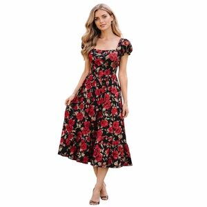 HeartsandFound Ava Dress In Black & Red Rose Cotton Large